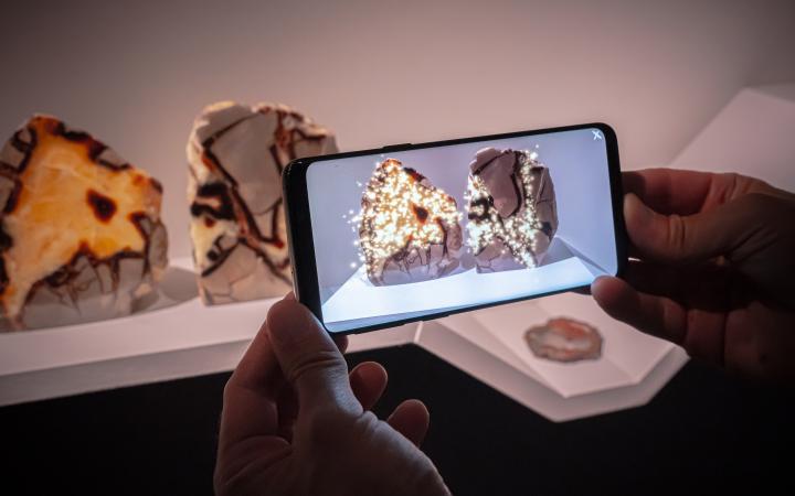 On view is the installation Exovisions, consisting of several fossils, stones and petrified wood via a cell phone using augmented reality.