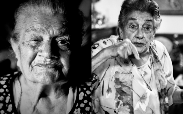 On display are two black and white portraits of two elderly women.