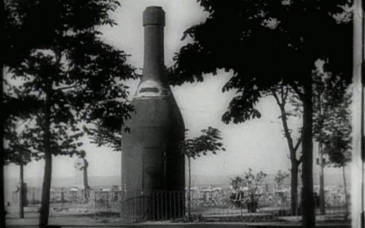The screenshot shows a shaky black and white image of an oversized bottle surrounded by trees.