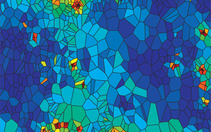 Geographical maps with lines similar to a cell structure. Coloured cells represent the virus-infected areas, which continue to spread from image to image until they cover the entire map.