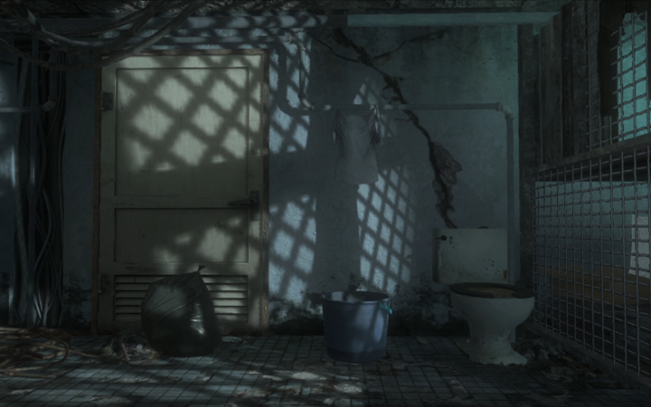 Computergenerierter Innenraum eines heruntergekommenen Badezimmers im Videospiel »Black Ops«