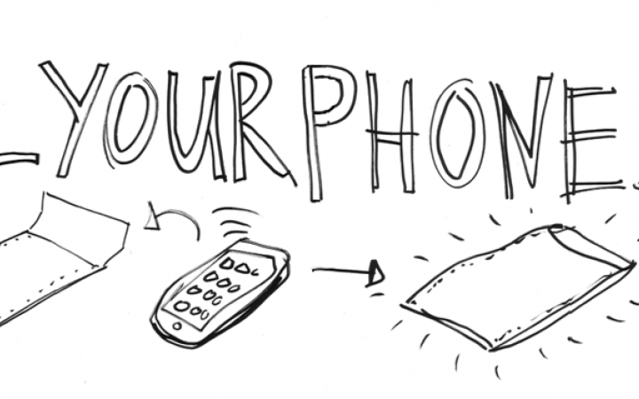 The url killyourphone.com is written by hand with big black letters and underneath a sketch of a mobile phone, to instruct how to shield it by putting the phone in a special pouch.