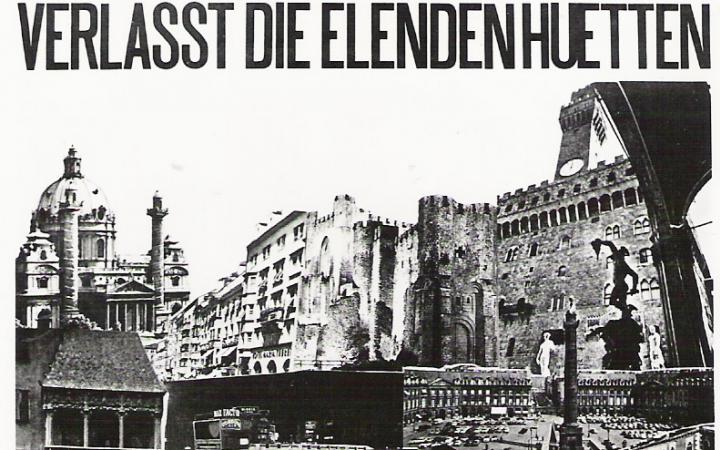 Black and white graphics from the archive of Gerhard Johann Lischka, collage of various palaces
