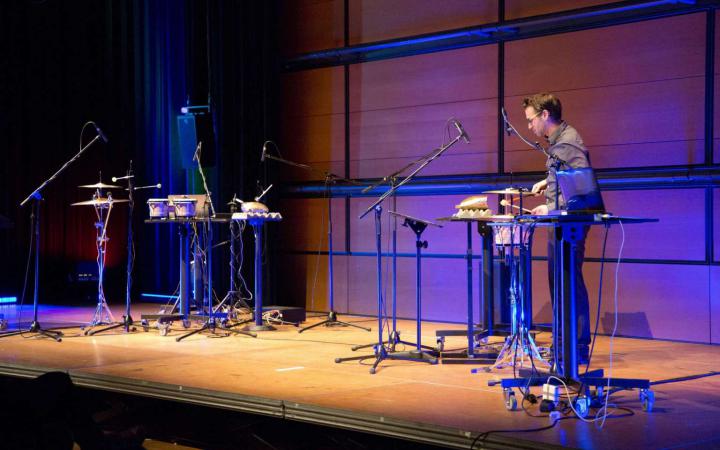 Drummer Manuel Alcaraz Clemente and a robotized drum kit perform Artemi – Maria Giotis composition »Imitation Game« as part of the Giga-Hertz award festival 2019 at ZKM | Center for Art and Media Karlsruhe