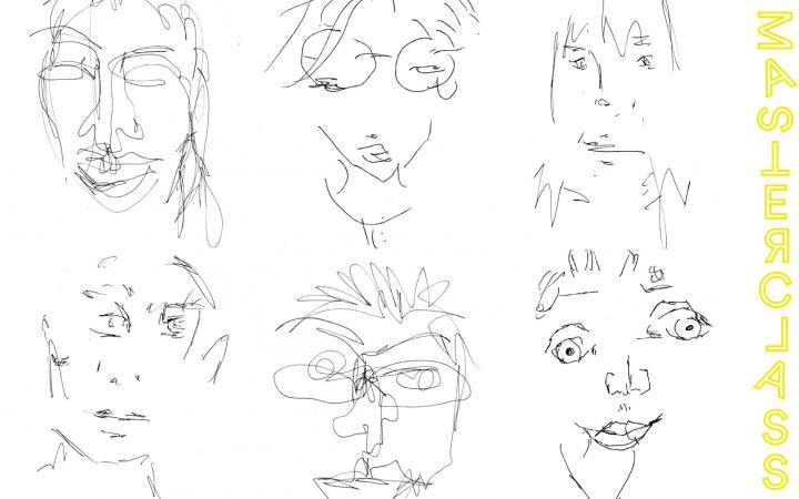 Auf weißem Hintergrund sind sechs Portraits zu sehen. Sie bestehen aus Bleistiftlinien und scheinen ohne auf das Blatt zu sehen gezeichnet worden zu sein, wodurch die Gesichtszüge verzerrt erscheinen..