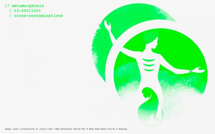 Abstract graphic of a person and a cat-like animal in green and white