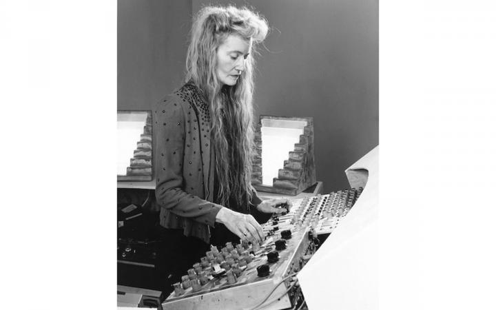 Maryanne Amacher in front of a mixing desk