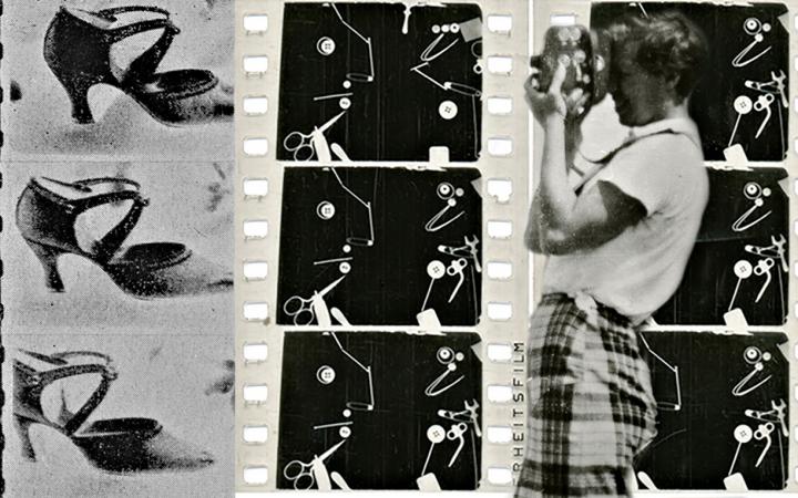 A photomontage of three film strips in black and white, in front a person with a camera.