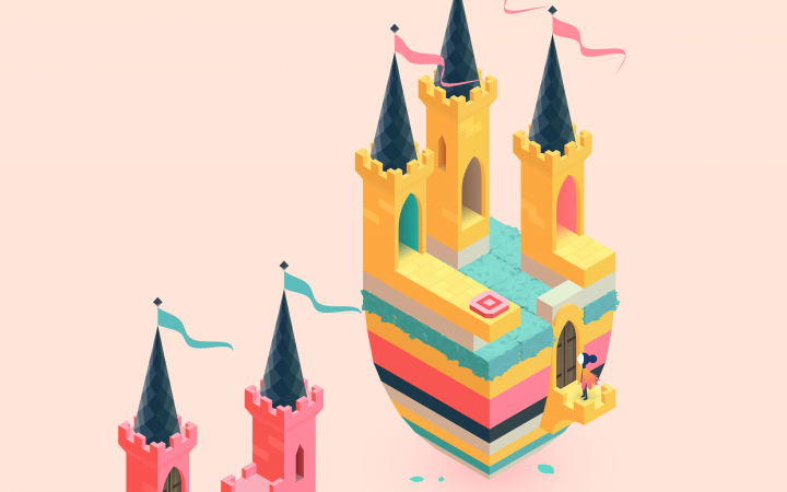 Darstellung schwebender Burgen vor rosanem Hintergrund