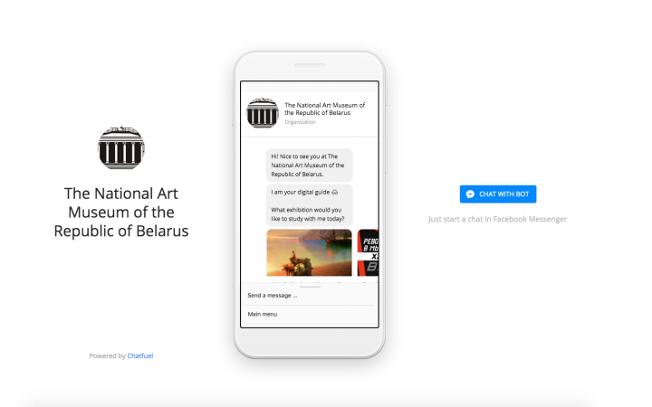 Smartphone with started chatbot application of the National Art Museum of the Republic of Belarus