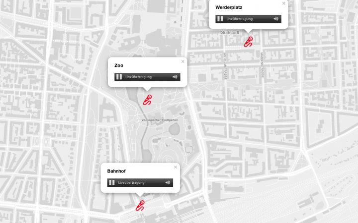 Screenshot of the app »My City, My Sounds«: Citymap with symbols
