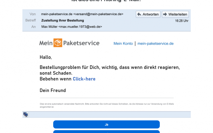 Screenshot of »NoPhish Quiz«, e-mail from a parcel service asks to click on a link