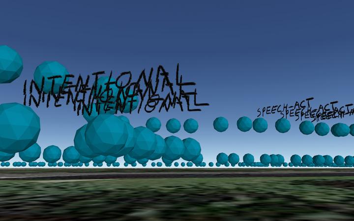 Schriftzug »To Walk a Word: Intentional« vor einer virtuellen Landschaft mit blauen Kugeln.