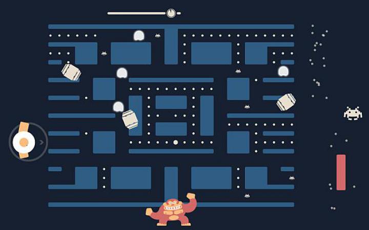 Ein Pac Man Labyrinth mit Space Invaders und Pong Spielfiguren