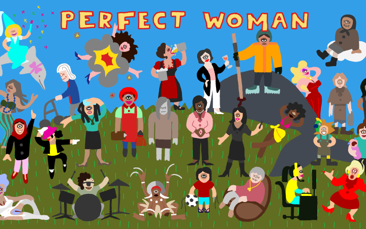 Unter dem Schriftzug »Perfect Woman« versammeln sich viele einäugige Figuren