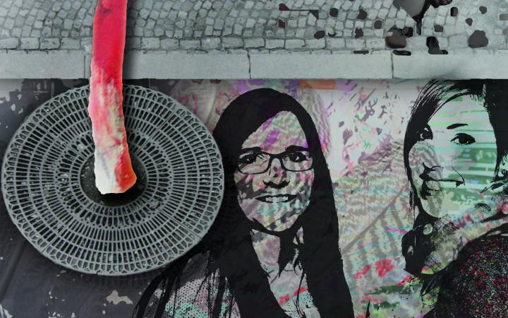 A digital collage with two portraits of women, a sidewalk and a gully cover.