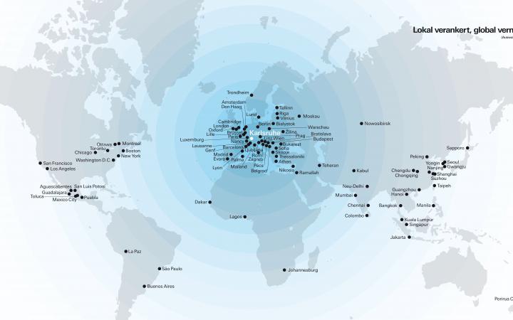 The graphic shows a world map showing the stations of the ZKM exhibitions worldwide.