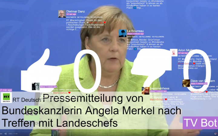 Ein Screenshot von Russia Today, welcher eine Preserkonferenz der Bundeskanzlerin Angela Merkel zeigt. Darüber sind verschiedene Meldungen und Symbole aus Sozialen Netzwerken gelegt.