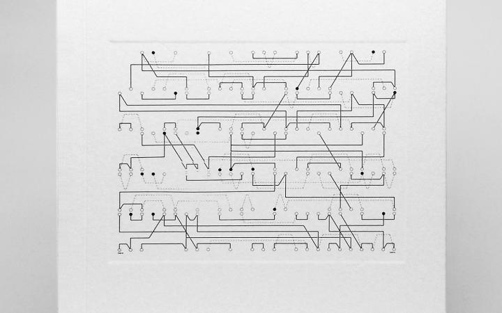 Cover of the publication  »Der Algorithmus des Manfred Mohr«: black text and a fine line drawing on a white background.