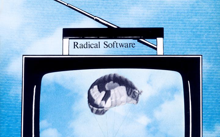  The drawing shows the cover of the magazine "Radical Software". You can see an old TV set in front of a sky. The screen shows a parachute jumper.