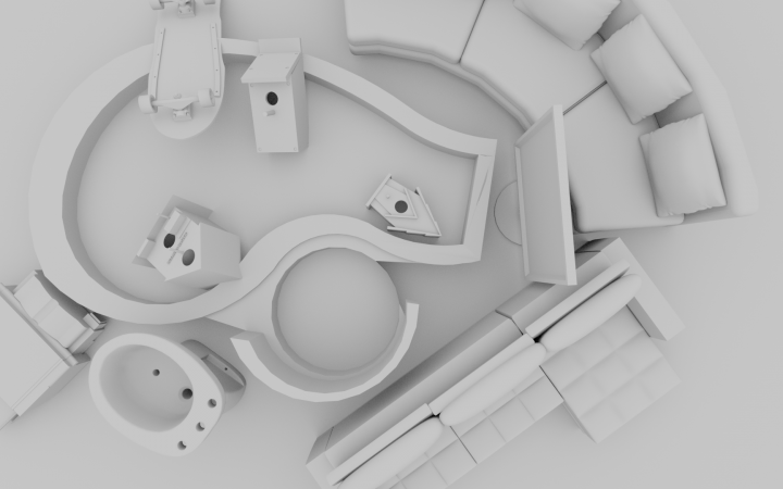 Standbild des Werks »Homeschool« von Simone C. Niquille / Technoflesh, animierte weiße Gegenstände wie eine Couch, ein Skateboard, Kuckucksuhren, eine Toilette, ein Fernseher