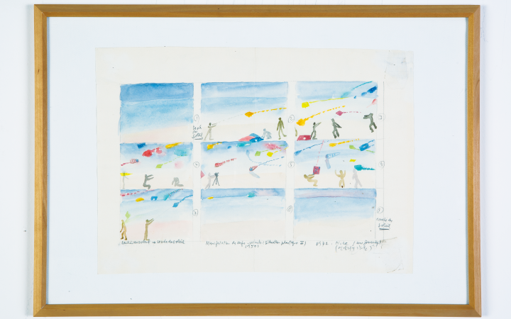 On display are six watercolor paintings on paper, arranged as a rectangle. In the pictures are several people flying kites. 
