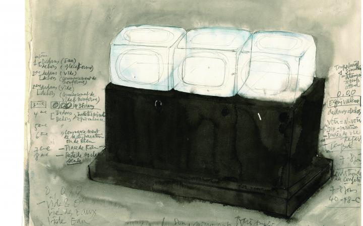 You can see a picture, drawn with watercolor and pencil on paper. It shows a cupboard on which are placed three tube TVs.