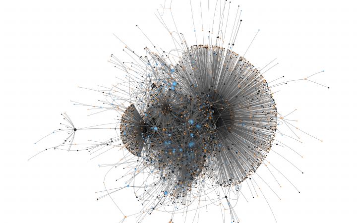 Zu sehen ist ein Netzwerk, das eine ähnliche Form einer Qualle hat, mit schwarzen Linien, die schwarze, orange und blaue Punkte verbinden.