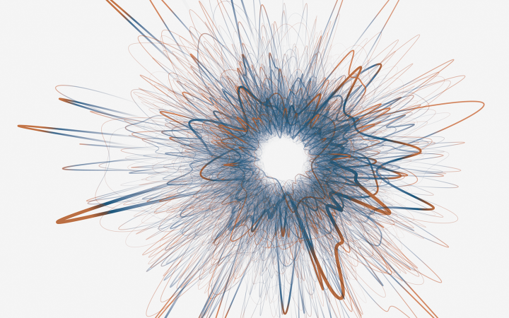 Zu sehen ist eine Visualisierung eines Netzwerkes. Die Form des Netzwerks erinnert an ein Stern, der explodiert.