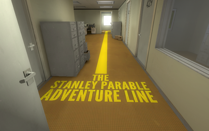 Ein gelber Pfad in einem Bürogang mit dem Text »The Stanley Parable Adventure Line«