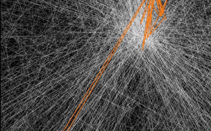 Countless white lines on a black background run to a vanishing point. Overlaid on top are jagged orange lines.