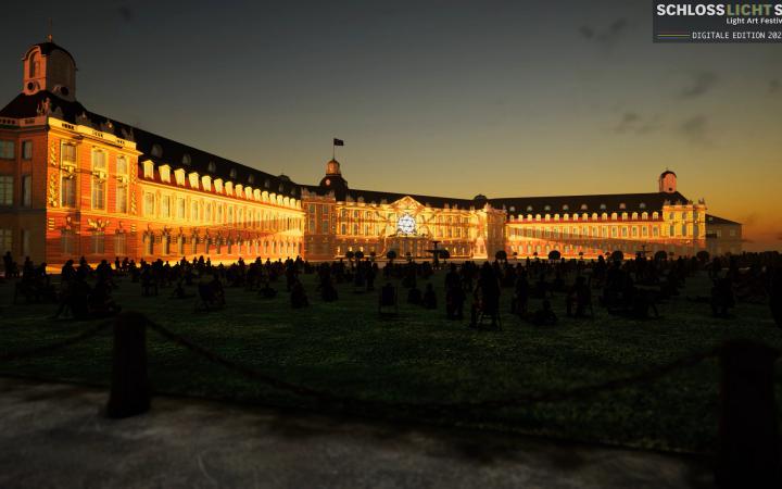 The Karlsruhe palace is digitally reconstructed.An artificial play of light is projected onto its façade, which works more with colours than forms. In front of the castle there is a crowd of people, but it is also digitally reproduced.