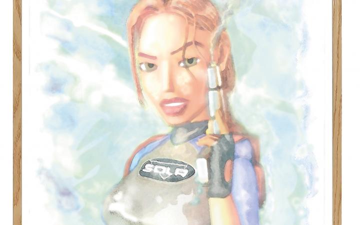 animated auqarell of female superhero with smoking pistol in her hand