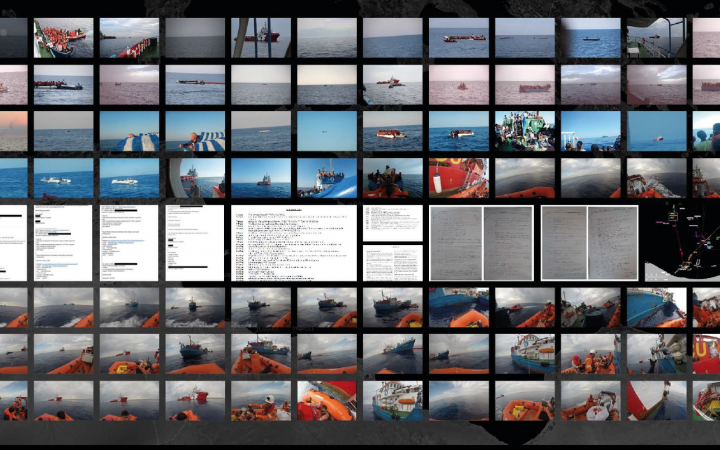 Digitale Bildercollage, abgebildet sind Screenshots von Texten und viele Fotos eines Schiffs auf dem Meer.
