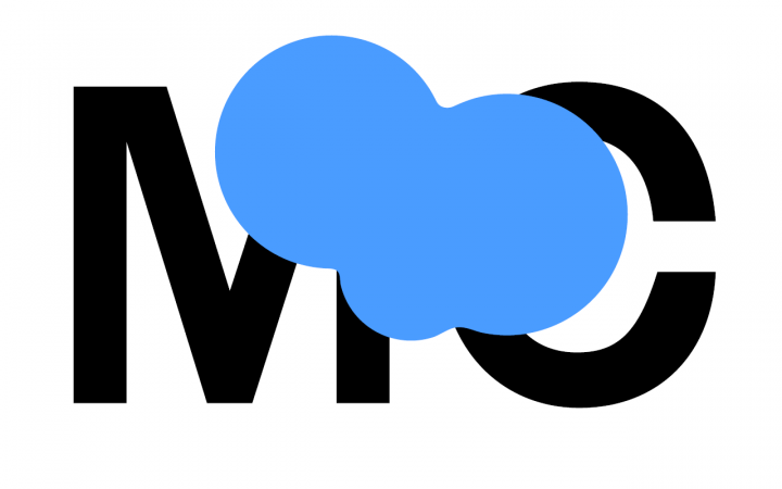 The letters "MC" in black on a white background. Above this a large blue splash of color.