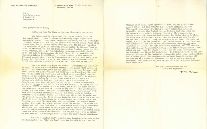 Letter by Theodor W. Adorno to Peter Gente, 2.11.1965.