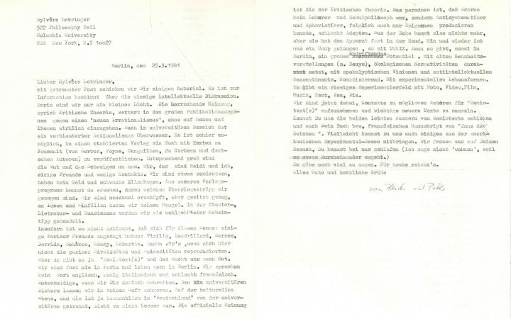 Letter by Merve publisher to Sylvére Lotringer, 25.3.1981.