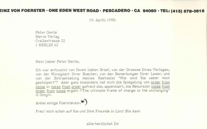 Letter by Heinz von Foerster to Merve publisher, 10.4.1988.