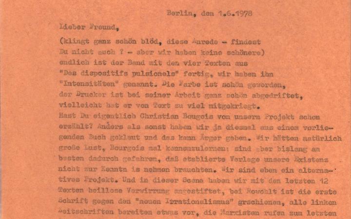 Letter by Peter Gente to Jean-François Lyotard, 1.6.1978.