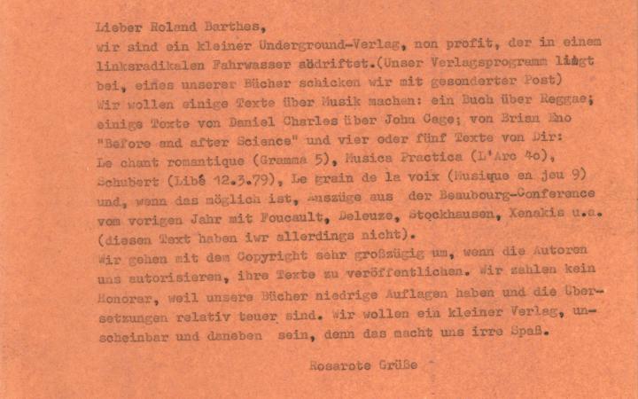 Brief des Merve Verlags an Roland Barthes, 9.5.1979.