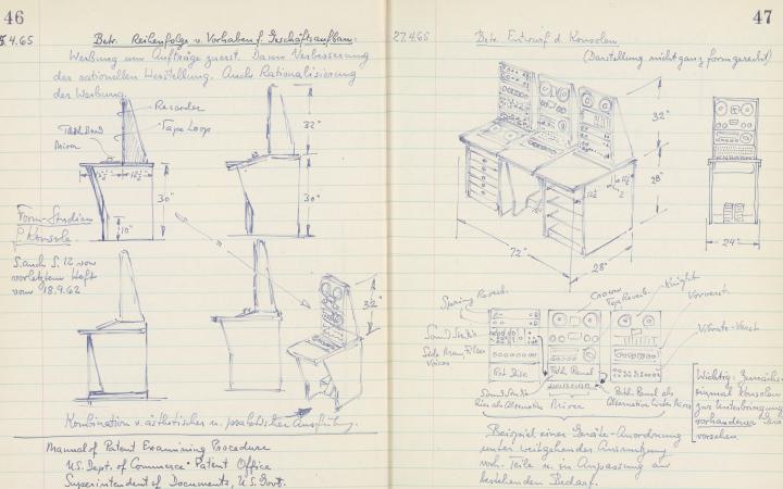 Auszüge aus den Notizheften von Harald Bode mit Skizzen und Zeichnungen.