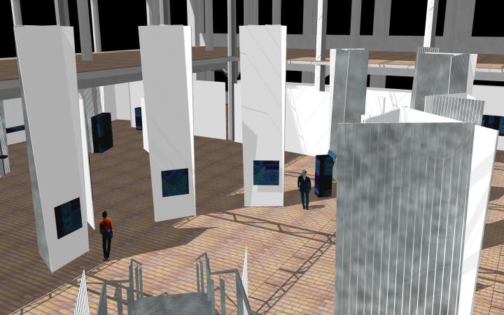 Virtuelle Computergrafik eines großen zweistöckigen Ausstellungsraums voller weißer Säulen