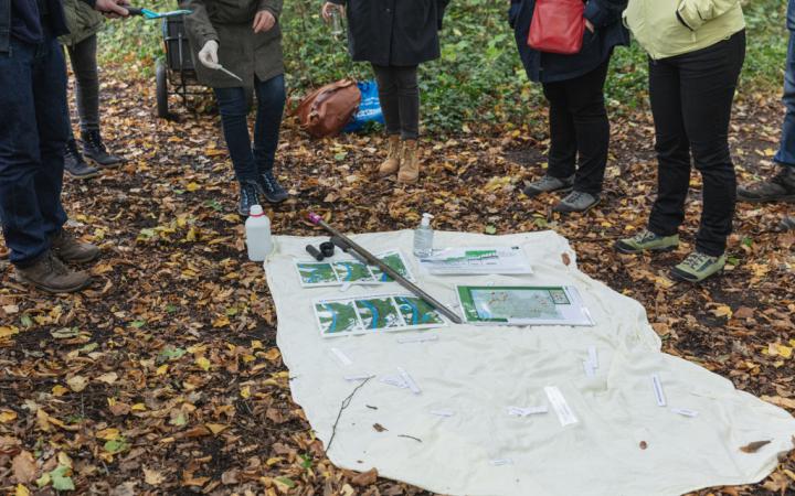 Eine Gruppe Meschen steht im Kreis um Karten und andere Gegenstände herum, die auf dem Waldboden verteilt sind.