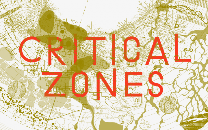 Grafik zur Ausstellung »Critical Zones« am ZKM Karlsruhe. In Orange ist zu lesen »Critical Zones«, über einer beigen, abstrakten Karte.