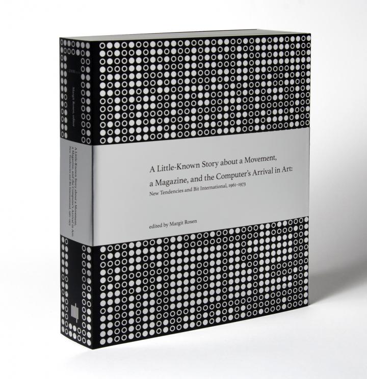 A book with a silver and black cover: The silver dots are arranged  in the form of punched paper tape. The pattern hides the word »bit«, equally written in dots.