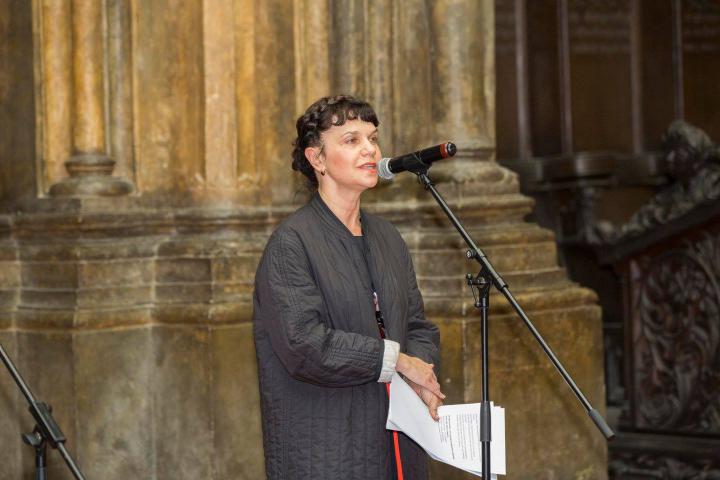  Marina Loshak, the director of the Pushkin Museum, holds her opening speech