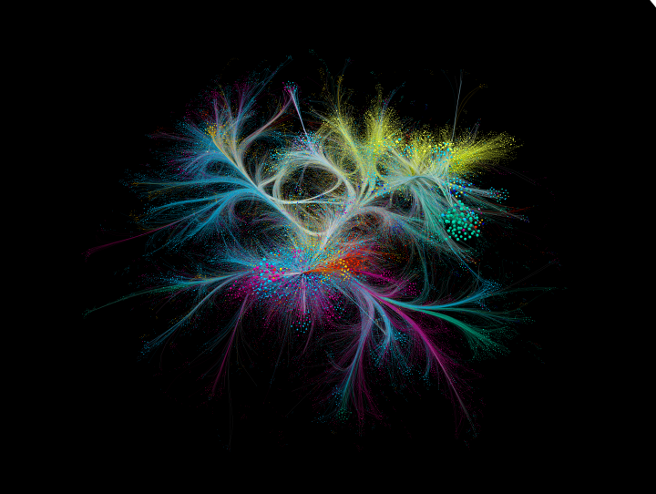A visualization of a network is shown. The edges of the network are colored in different colors.
