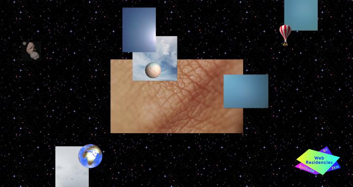 Verschiedene viereckige Graphiken, eine davon zeigt menschliches faltiges Hautgewebe, liegen auf einem Hintergrund aus Universum. 