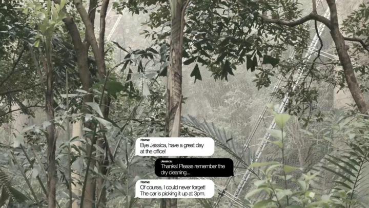 Fotomontage eines grünen Waldes mit einem digitalen Chatverlauf