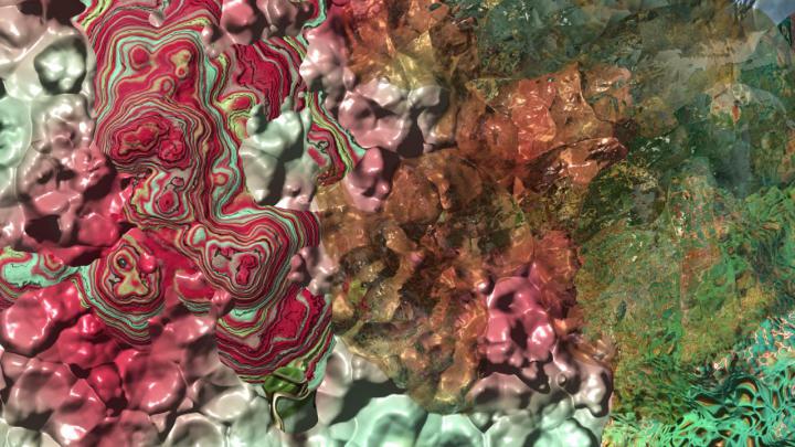 Digital representation of an organic surface in green and red colours